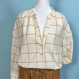 A New Day Casual Long Sleeves Cream and Tan Beige Grid Blouse Size XL Like New